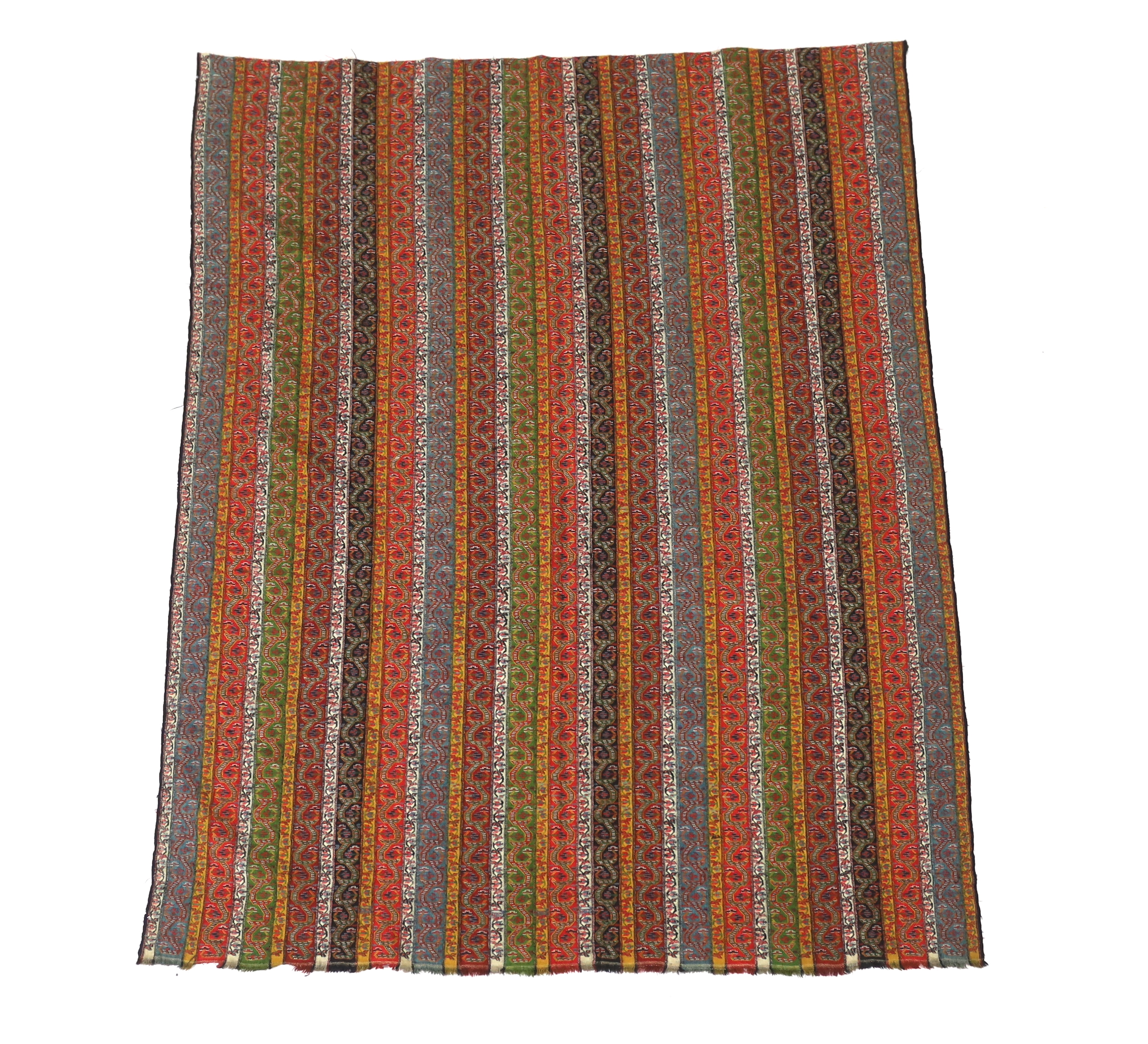 A 19th century Kashmir, multi coloured, striped twill, woven wool shawl, with the fringe cut one end, 140cm long x 114cm wide